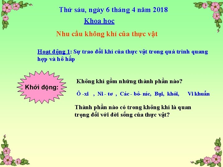 Thứ sáu, ngày 6 tháng 4 năm 2018 Khoa học Nhu cầu không khí
