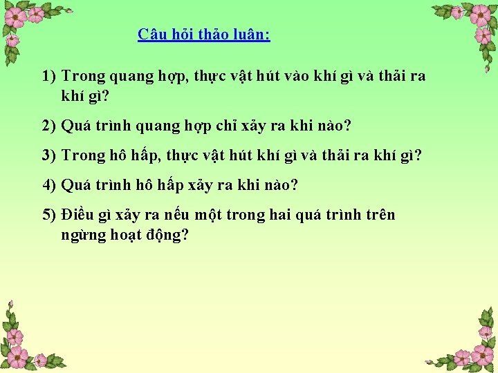 Câu hỏi thảo luận: 1) Trong quang hợp, thực vật hút vào khí gì