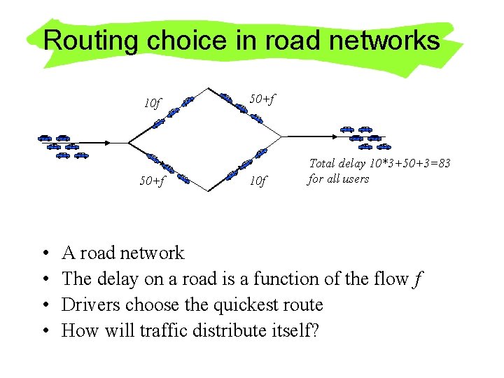 Routing choice in road networks 10 f 50+f • • 50+f 10 f Total