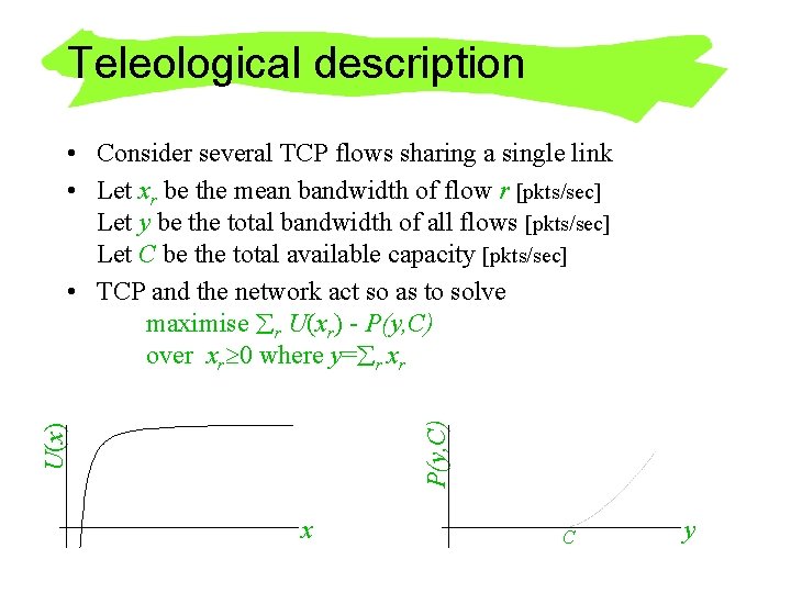Teleological description U(x) P(y, C) • Consider several TCP flows sharing a single link