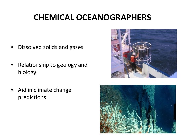 CHEMICAL OCEANOGRAPHERS • Dissolved solids and gases • Relationship to geology and biology •