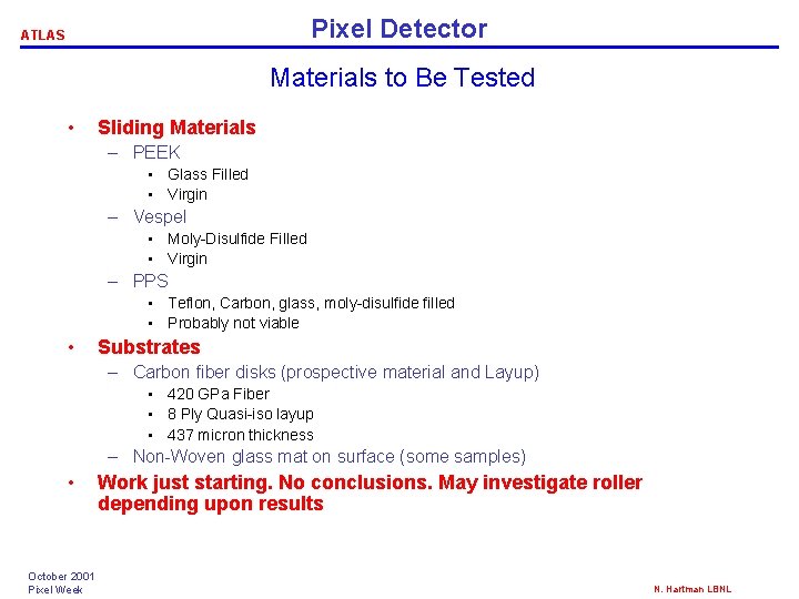 Pixel Detector ATLAS Materials to Be Tested • Sliding Materials – PEEK • Glass Pixel Detector ATLAS Materials to Be Tested • Sliding Materials – PEEK • Glass