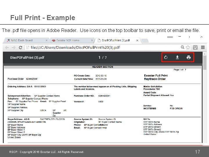 Full Print - Example The. pdf file opens in Adobe Reader. Use icons on