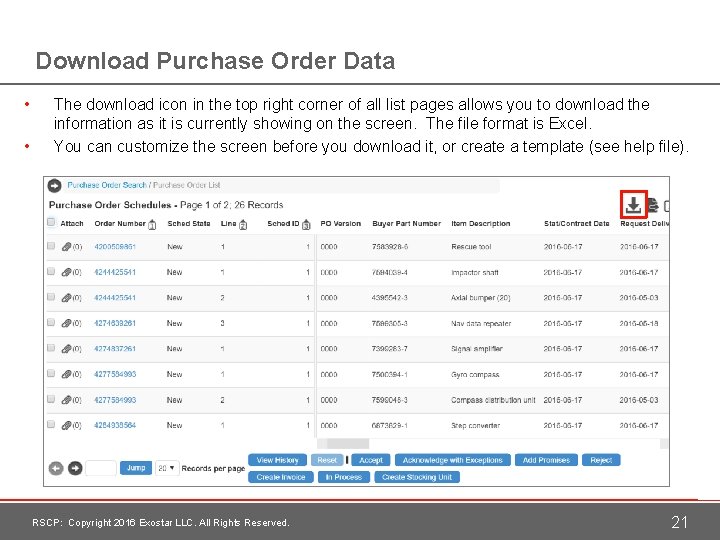 Download Purchase Order Data • • The download icon in the top right corner