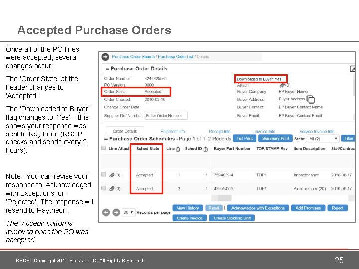 Accepted Purchase Orders Once all of the PO lines were accepted, several changes occur: