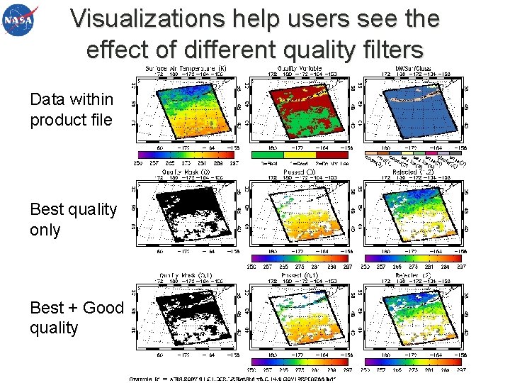 Visualizations help users see the effect of different quality filters Data within product file