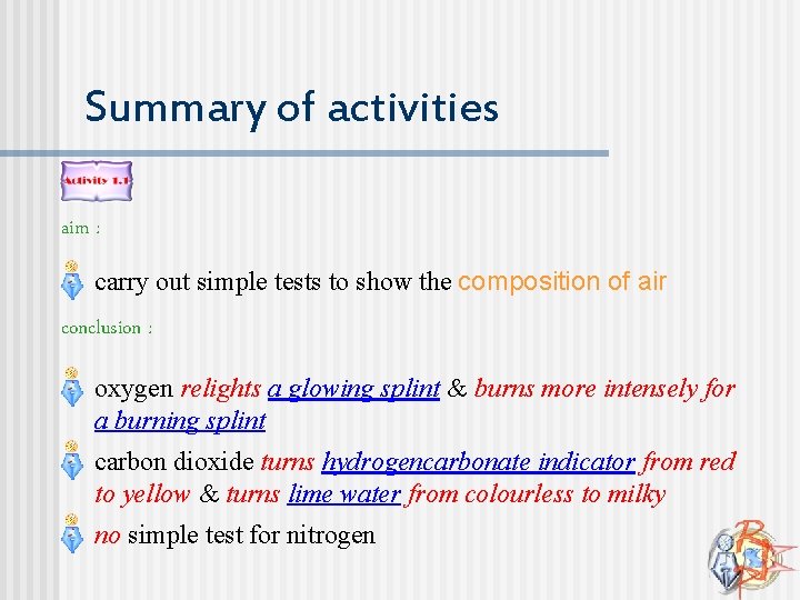 Summary of activities aim : carry out simple tests to show the composition of