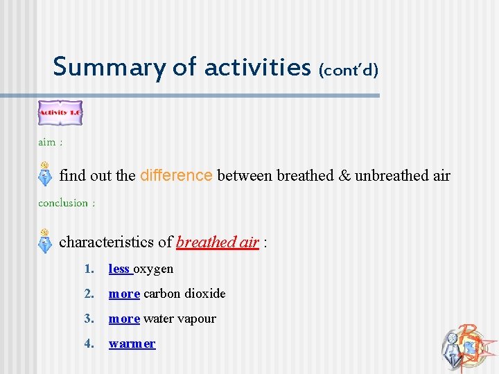 Summary of activities (cont’d) aim : find out the difference between breathed & unbreathed