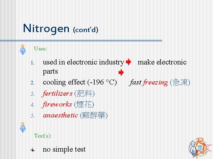 Nitrogen (cont’d) n Uses: 1. 2. 3. 4. 5. § used in electronic industry