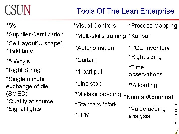 Tools Of The Lean Enterprise *Cell layout(U shape) *Takt time *5 Why’s *Right Sizing