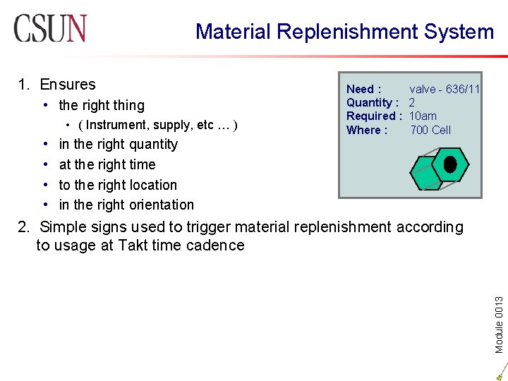 Material Replenishment System 1. Ensures • the right thing • ( Instrument, supply, etc