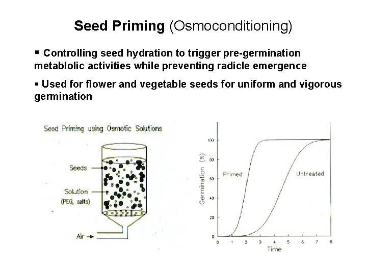 Seed Priming (Osmoconditioning) § Controlling seed hydration to trigger pre-germination metablolic activities while preventing