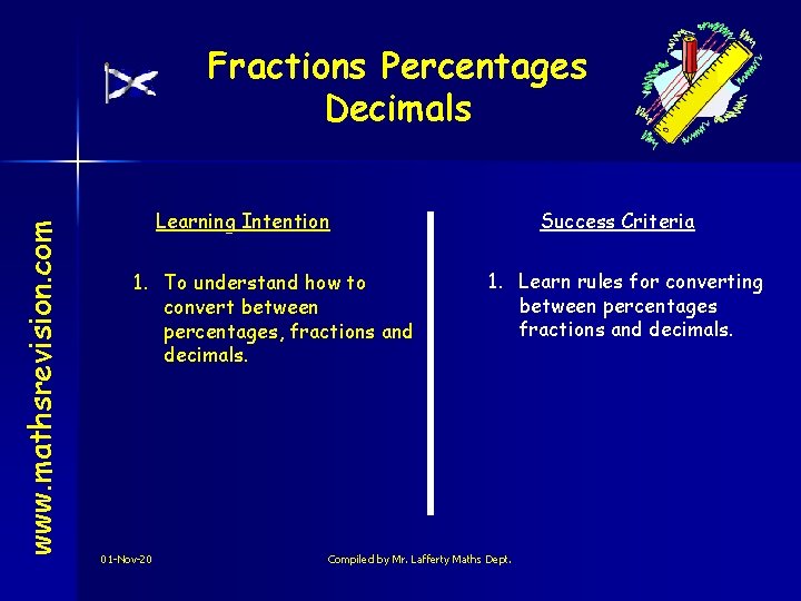 www. mathsrevision. com Fractions Percentages Decimals Learning Intention 1. To understand how to convert