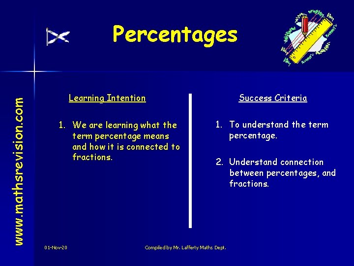 www. mathsrevision. com Percentages Learning Intention 1. We are learning what the term percentage
