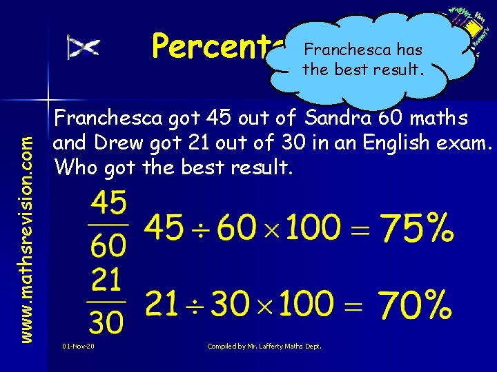 www. mathsrevision. com Franchesca has Percentages the best result. Franchesca got 45 out of