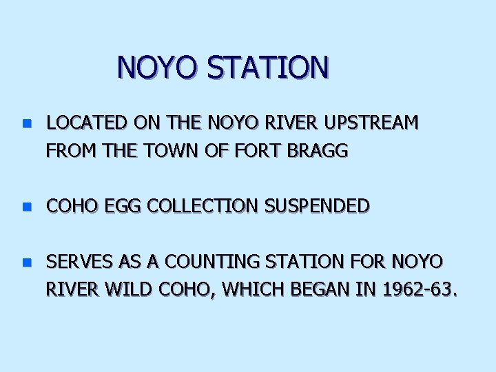 NOYO STATION n LOCATED ON THE NOYO RIVER UPSTREAM FROM THE TOWN OF FORT
