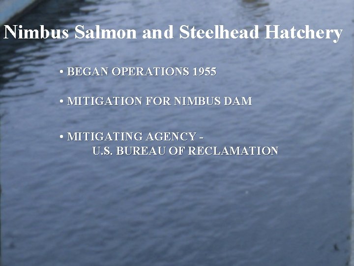 Nimbus Salmon and Steelhead Hatchery • BEGAN OPERATIONS 1955 • MITIGATION FOR NIMBUS DAM