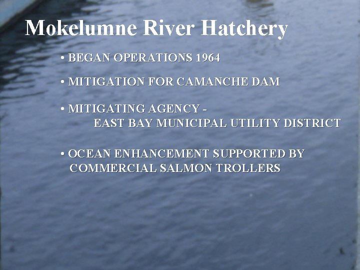 Mokelumne River Hatchery • BEGAN OPERATIONS 1964 • MITIGATION FOR CAMANCHE DAM • MITIGATING