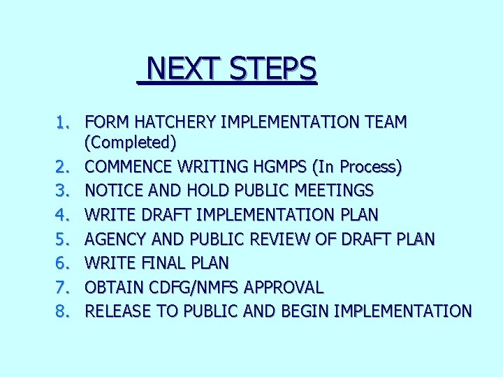 NEXT STEPS 1. FORM HATCHERY IMPLEMENTATION TEAM (Completed) 2. COMMENCE WRITING HGMPS (In Process)