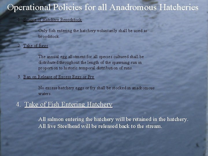 Operational Policies for all Anadromous Hatcheries 1. Source of Hatchery Broodstock Only fish entering