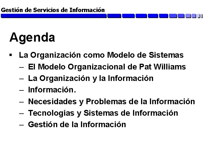 Gestión de Servicios de Información Agenda § La Organización como Modelo de Sistemas –