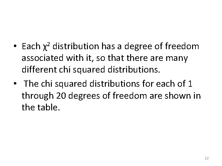  • Each χ2 distribution has a degree of freedom associated with it, so