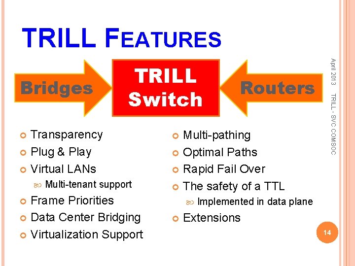 TRILL FEATURES Multi-tenant support Frame Priorities Data Center Bridging Virtualization Support Multi-pathing Optimal Paths