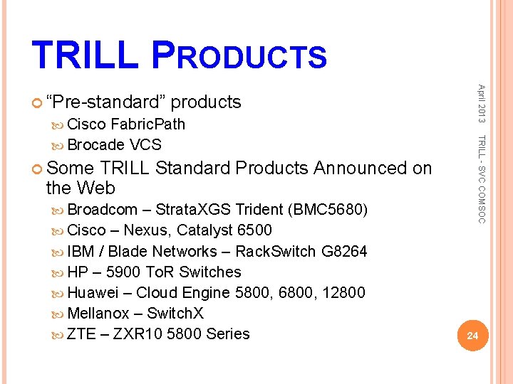 TRILL PRODUCTS products Cisco Some TRILL Standard Products Announced on the Web Broadcom –