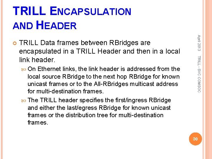 TRILL ENCAPSULATION AND HEADER On Ethernet links, the link header is addressed from the