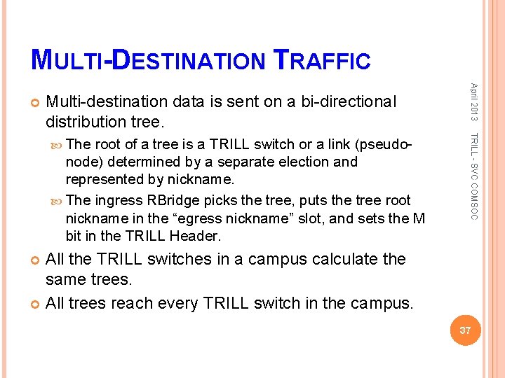MULTI-DESTINATION TRAFFIC Multi-destination data is sent on a bi-directional distribution tree. root of a