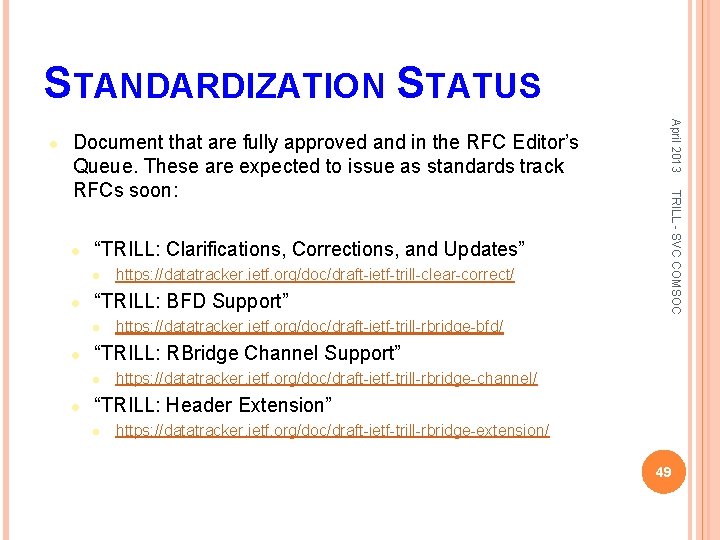 STANDARDIZATION STATUS l “TRILL: Clarifications, Corrections, and Updates” l l “TRILL: BFD Support” l