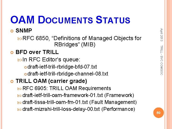 OAM DOCUMENTS STATUS TRILL - SVC COMSOC draft-ietf-trill-rbridge-bfd-07. txt draft-ietf-trill-rbridge-channel-08. txt April 2013 SNMP