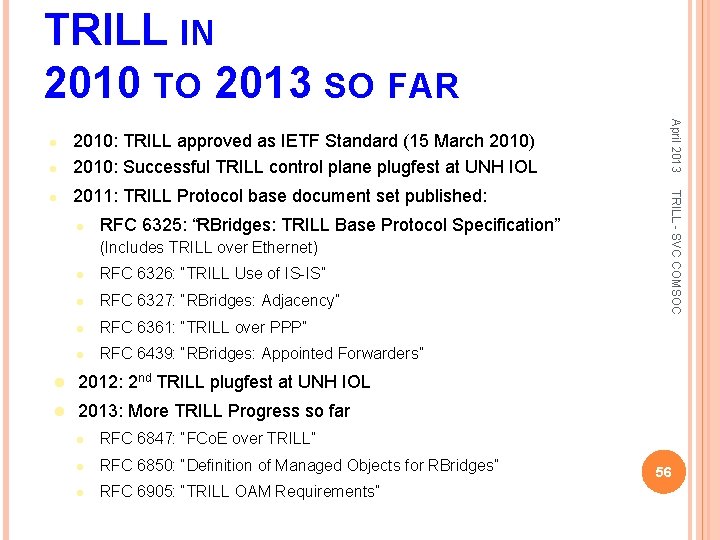TRILL IN 2010 TO 2013 SO FAR 2011: TRILL Protocol base document set published: