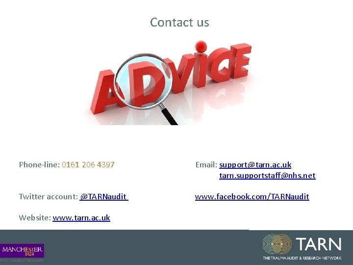 Contact us Phone-line: 0161 206 4397 Email: support@tarn. ac. uk tarn. supportstaff@nhs. net Twitter Contact us Phone-line: 0161 206 4397 Email: support@tarn. ac. uk tarn. supportstaff@nhs. net Twitter