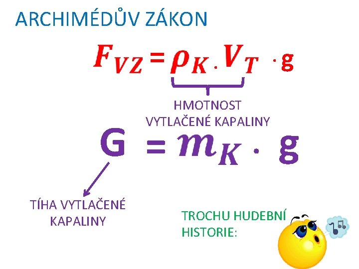 ARCHIMÉDŮV ZÁKON = . g . HMOTNOST VYTLAČENÉ KAPALINY G = TÍHA VYTLAČENÉ KAPALINY