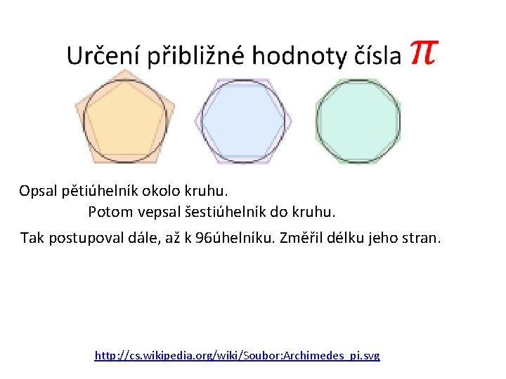  Opsal pětiúhelník okolo kruhu. Potom vepsal šestiúhelník do kruhu. Tak postupoval dále, až