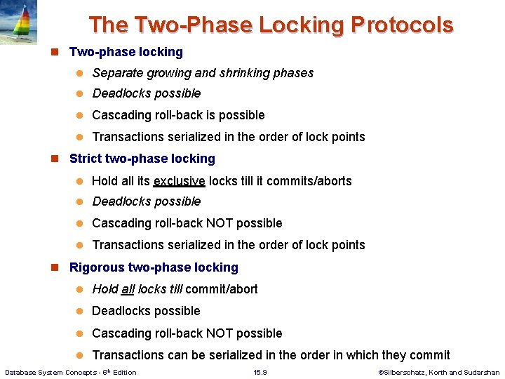 The Two-Phase Locking Protocols n Two-phase locking l Separate growing and shrinking phases l