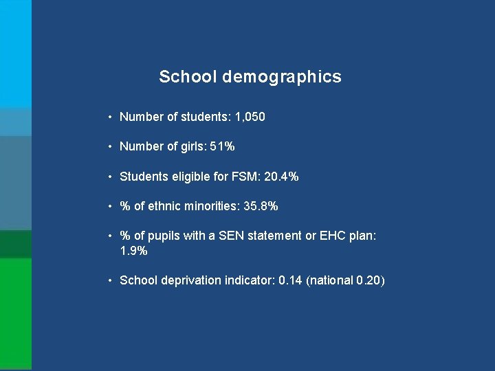 School demographics • Number of students: 1, 050 • Number of girls: 51% •