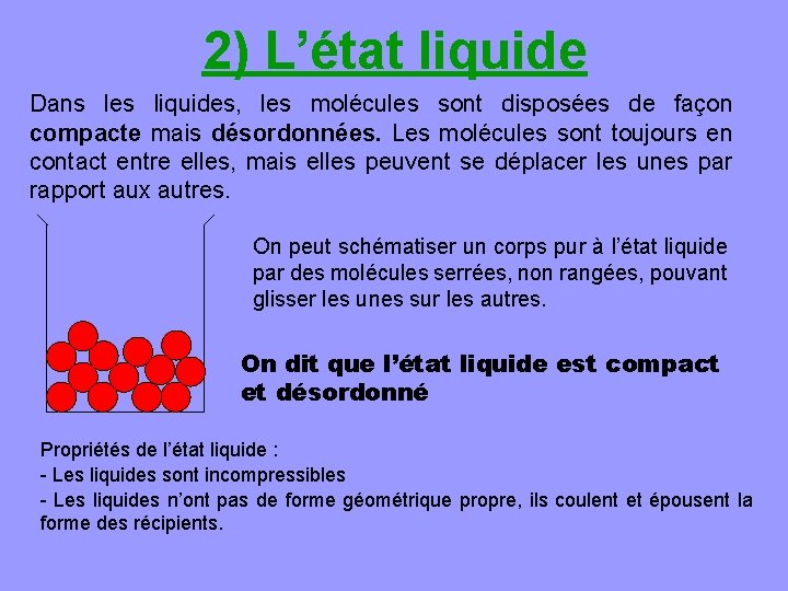 2) L’état liquide Dans les liquides, les molécules sont disposées de façon compacte mais