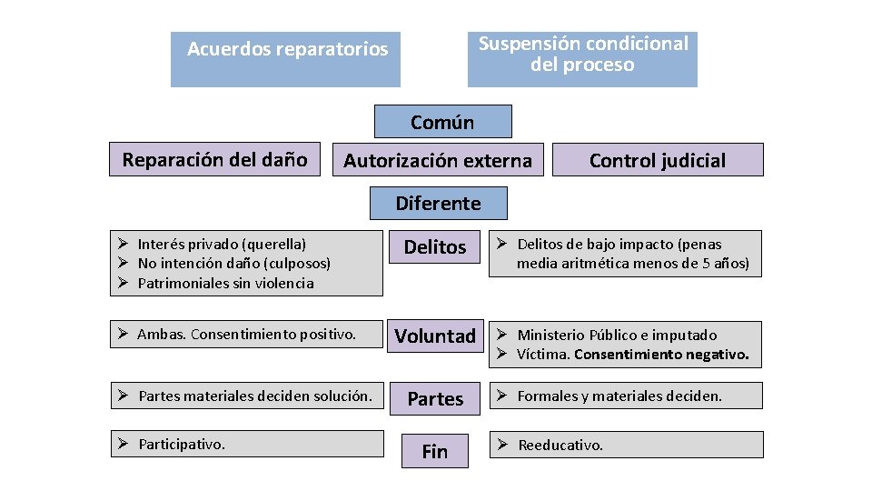  Acuerdos reparatorios Suspensión condicional del proceso Común Reparación del daño Autorización externa Control