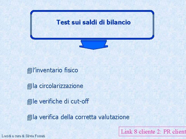 Test sui saldi di bilancio 4 l’inventario fisico 4 la circolarizzazione 4 le verifiche