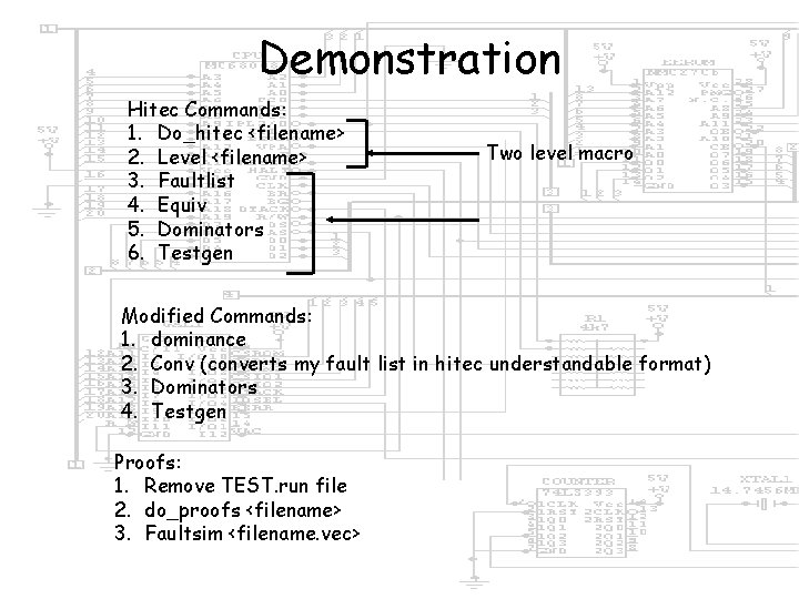 Results and Conclusion Demonstration Hitec Commands: 1. Do_hitec <filename> 2. Level <filename> 3. Faultlist