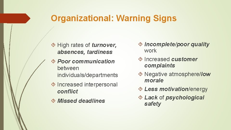 Organizational: Warning Signs High rates of turnover, absences, tardiness Poor communication between individuals/departments Increased