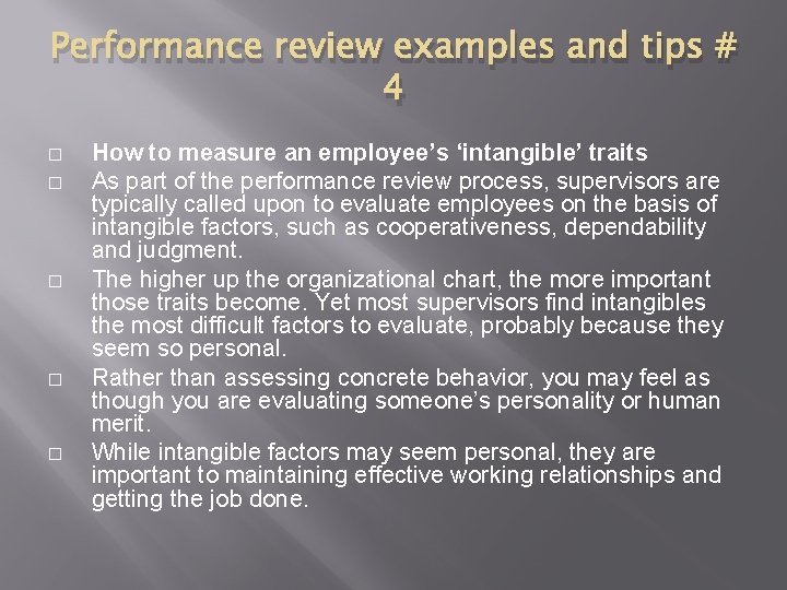 Performance review examples and tips # 4 � � � How to measure an