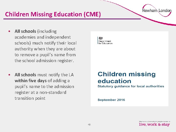 Children Missing Education (CME) • All schools (including academies and independent schools) much notify