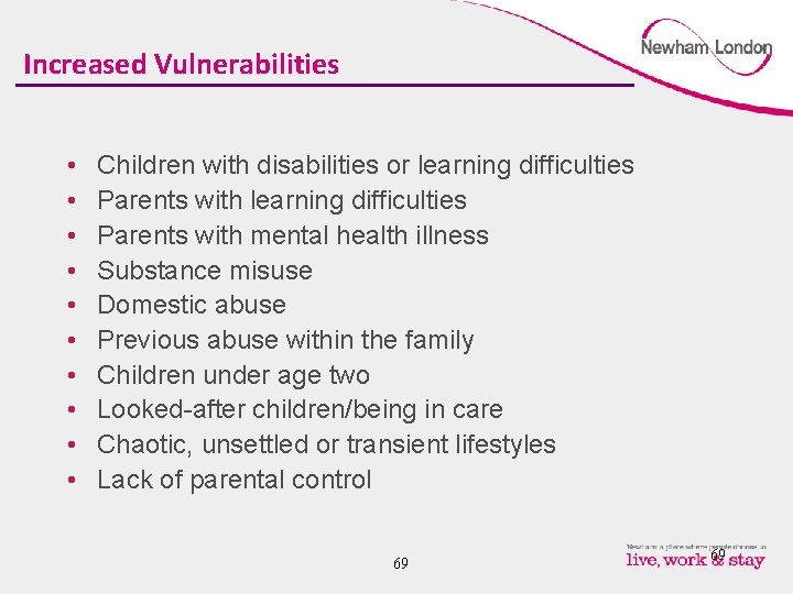 Increased Vulnerabilities • • • Children with disabilities or learning difficulties Parents with mental