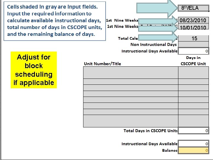 8 th/ELA 08/23/2010 10/01/2010 15 Adjust for block scheduling if applicable 