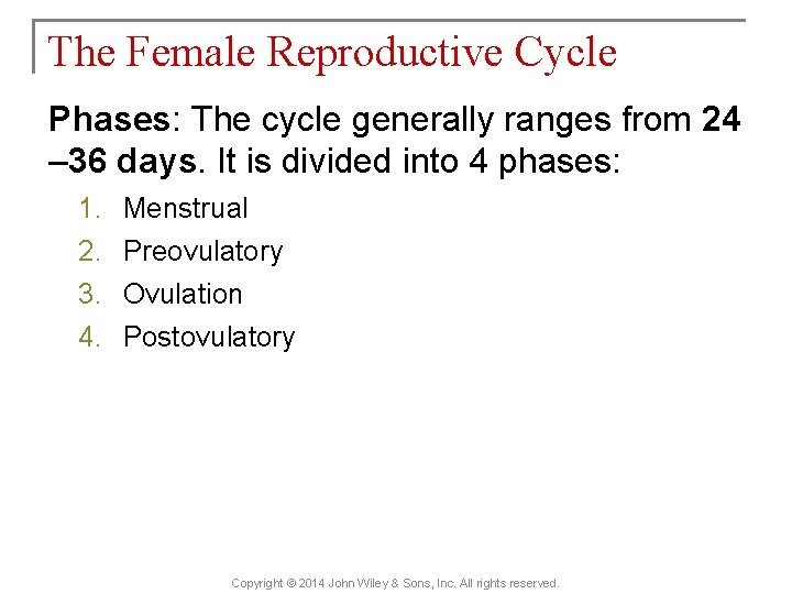 The Female Reproductive Cycle Phases: The cycle generally ranges from 24 – 36 days.