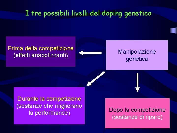 I tre possibili livelli del doping genetico Prima della competizione (effetti anabolizzanti) Durante la