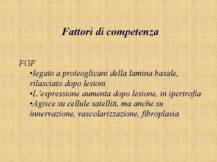Fattori di competenza FGF • legato a proteoglicani della lamina basale, rilasciato dopo lesioni